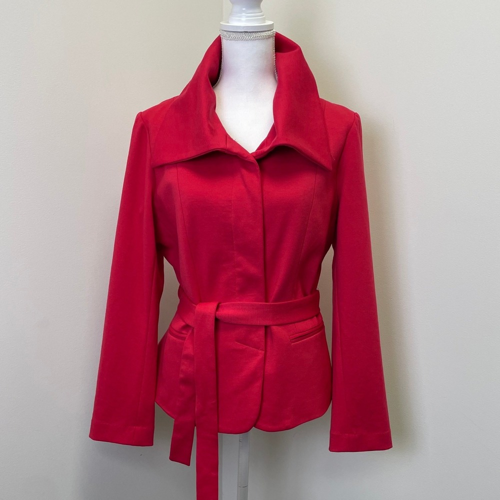 NEW Valerie Bertinelli Red Belted Portrait Collar Knit Blazer Jacket Large Fall